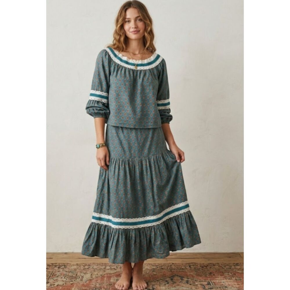 Luna Moon‎ Peasant Skirt Set Cottagecore Prairie Lace Top Size Medium